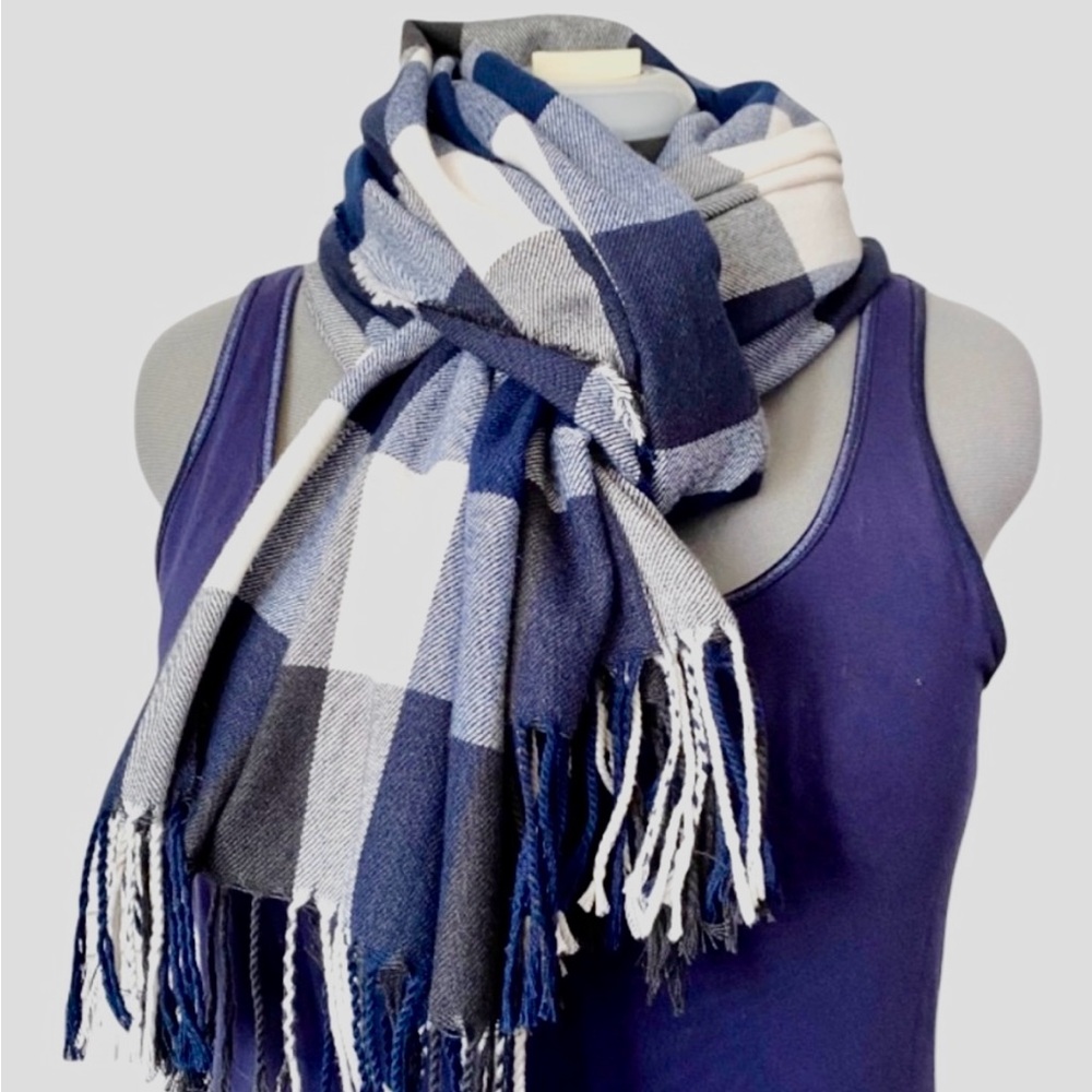 Plaid Blue, Black and Gray Scarf NWWT